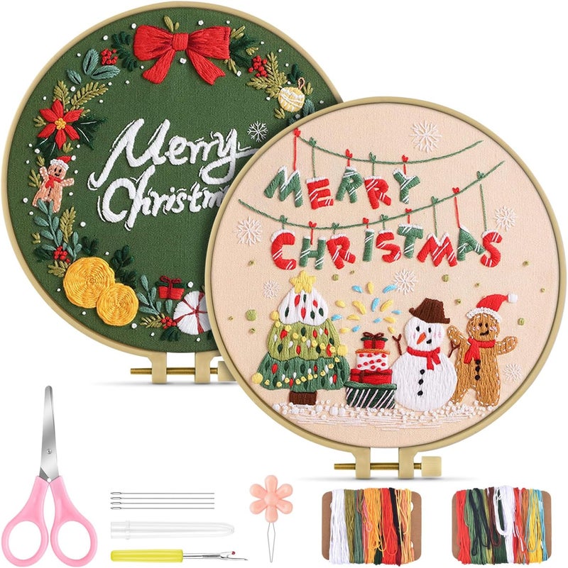 TINDTOP Embroidery Kit for Adult, Owl Embroidery Kit for Beginners Include Embroidery Cloth Hoops Threads for Craft Lover Hand Stitch with Embroidery Skill Techniques (Christmas) - Image 1